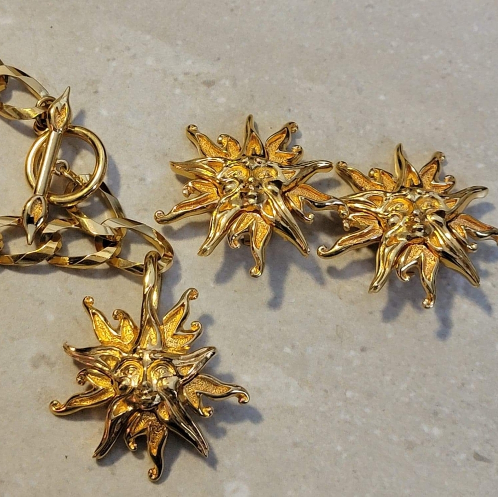 FENDI SUN FACE SIGNED 18K GOLD PLATED EARRING AND BRACELET SET